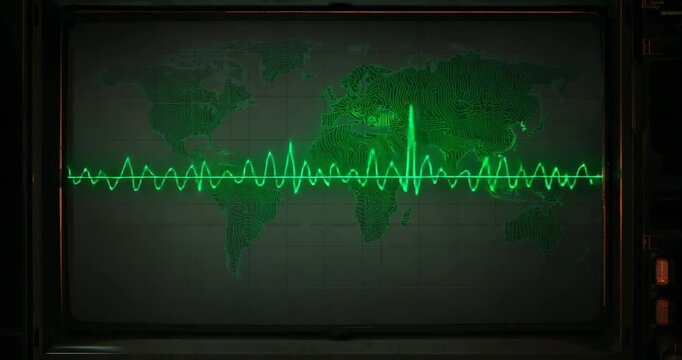 Starting bright green signal trace oscillating across monitor screen, with world map overlay