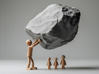 Wooden Mannequin Lifting Stone with Children Nearby wooden mannequin holding up a giant rock while smaller figurines stand beneath. A metaphor for carrying burdens and protecting loved ones.
