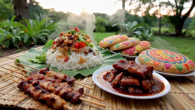 A delicious and festive outdoor picnic spread of traditional Filipino cuisine with steaming rice, pork barbecue, and adobo
