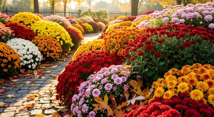Beautiful fall garden path lined with vibrant, colorful chrysanthemum flowers in full bloom on a sunny autumn day with golden sunlight