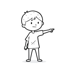 A cartoon boy pointing to the right, with a neutral expression, wearing a simple t-shirt and pants.