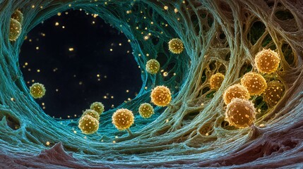 phosphorylation. Microscopic dreamlike view inside a cell, with mitochondria as tiny glowing power plants recharging at night. STEM education sheets.