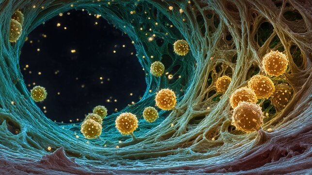 phosphorylation. Microscopic dreamlike view inside a cell, with mitochondria as tiny glowing power plants recharging at night. STEM education sheets. - Powered by Adobe