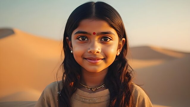 Smiling Indian girl with traditional bindi standing in desert landscape at sunset, cultural portrait with warm natural light and authentic expression, lifestyle and travel photography