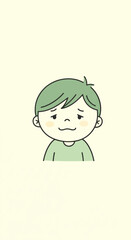A simple cartoon illustration of a young boy with green hair and an awkward, troubled facial expression.