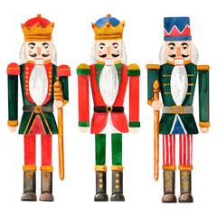 Set watercolor hand-drawn illustration of three different nutcrackers, ordinary, two nutcrackers with staffs. Make any compositions yourself. Can be used on fabrics and paper products and other
