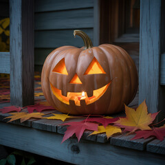 A Carved Pumpkin with a Candle on a Wooden Porch Surrounded by Autumn Leaves A Cozy Autumn Scene with Soft Illumination