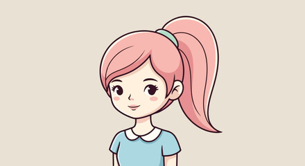 A charming cartoon illustration of a young girl with pink hair styled in a high ponytail.