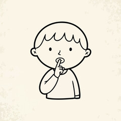 A simple black and white line drawing of a young child holding a finger to their lips in a shushing gesture.