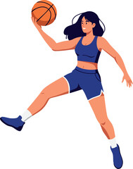 Female basketball player jumping with ball in blue sportswear vector illustration dynamic athletic action