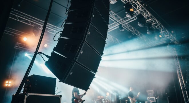Low angle view focusing on the geometric alignment of linearray speakers suspended over a dynamic live music stage.