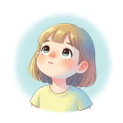 Charming anime-style illustration of a cute little girl with short blonde hair looking up with a thoughtful, curious expression.