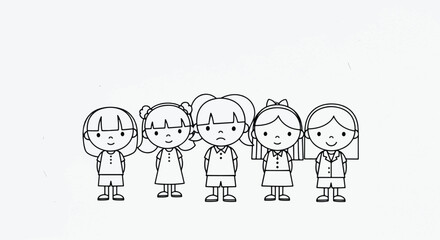 Five children standing in a row, simple line drawing.