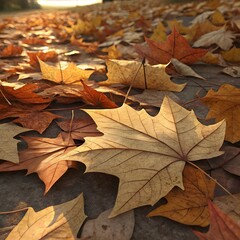 Fototapeta premium Autumnal Leaf Carpet: A serene capture of fallen leaves in various warm hues creating a vibrant natural carpet. Witness the beauty of the season's transition in a close-up view.