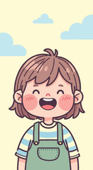 A cheerful cartoon child with short brown hair and rosy cheeks, wearing a striped shirt and green overalls, smiling happily against a light yellow sky with clouds.
