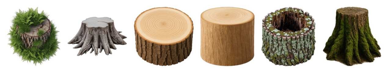 Tree stump set including moss-covered, weathered, hollow, and fresh cut variations isolated. Natural wood elements for design.