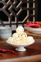 Sliced Lotus Root with Chili Peppers - Fresh Asian Vegetable Ingredients for Healthy Cooking