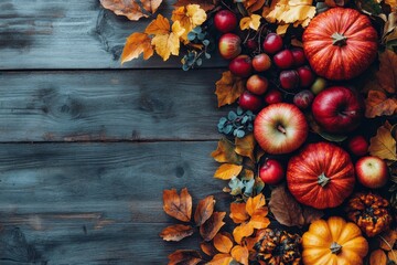 Autumnal bounty of apples, pumpkins, and leaves arranged on a rustic wooden surface, creating a warm and inviting fall scene.