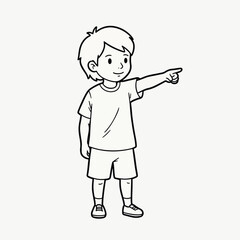 Line drawing of a smiling young boy pointing to the right, wearing a t-shirt and shorts.