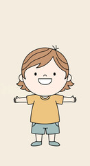 Cartoon boy with arms outstretched, smiling, wearing shorts and t-shirt.
