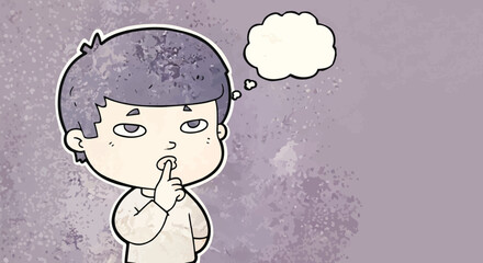 Cartoon illustration of a thoughtful boy with a thought bubble, on a textured background.