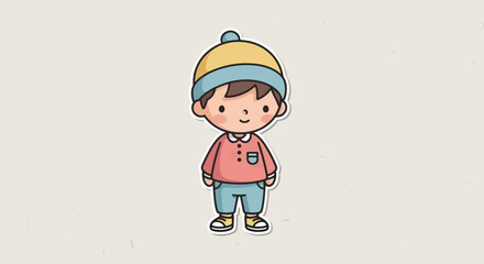 A cute cartoon illustration of a little boy wearing a beanie and winter clothes.