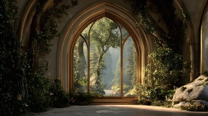 Obraz premium Surreal Nature View of Forest and Mountains Framed by Arches