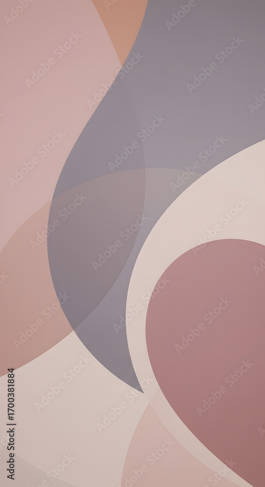 Poster abstract artwork featuring overlapping curved shapes in shades of pink, beige, and gray, creating a 