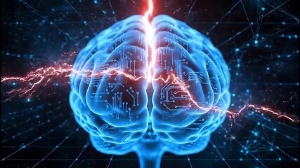 A luminous blue brain with circuit patterns and electrical discharge in dark space - Powered by Adobe