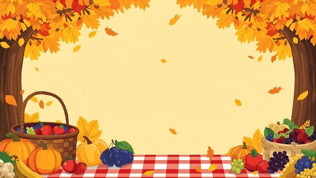 A charming autumn picnic frame with a red gingham tablecloth, pumpkins, and fall leaves. A cute and festive border illustration perfect for Thanksgiving invitations or seasonal event flyers