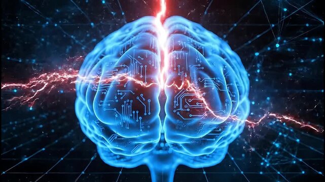A luminous blue brain with circuit patterns and electrical discharge in dark space - Powered by Adobe