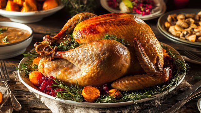 Roasted thanksgiving fowl centerpiece surrounded by holiday side dishes.