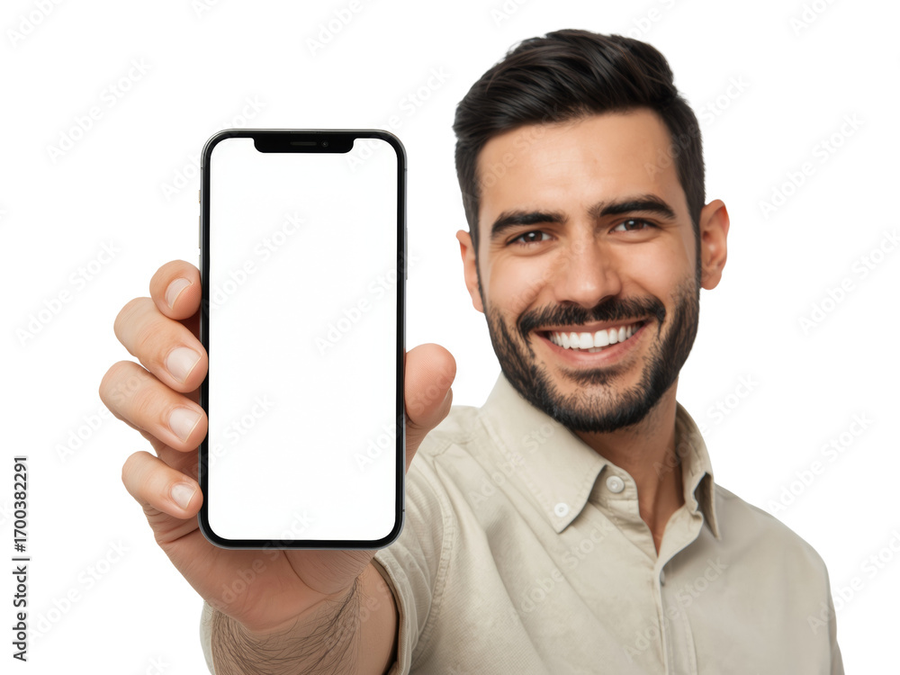 Poster smiling man presenting a blank smartphone screen on an isolated transparent background for