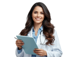 Confident female doctor in lab coat holding clipboard with isolated transparent backdrop