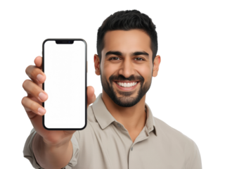 Smiling man showcasing a blank smartphone screen against isolated background for creative