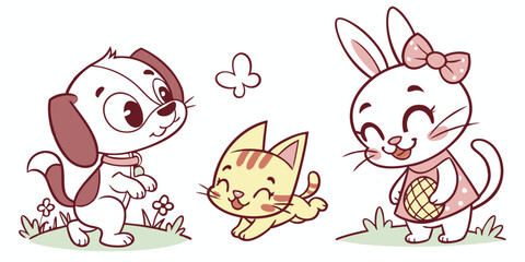 Obraz premium Playful cartoon puppy, kitten, and bunny with flowers