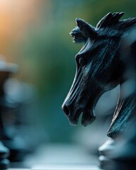 Next Level Thinking silhouette of a chess knight at lower side representing strategy and smart decisions with blank gradient space