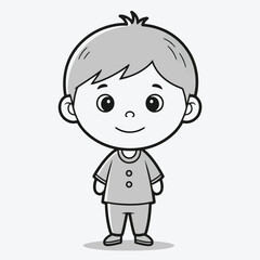 A simple black and white cartoon illustration of a young boy with a friendly smile.