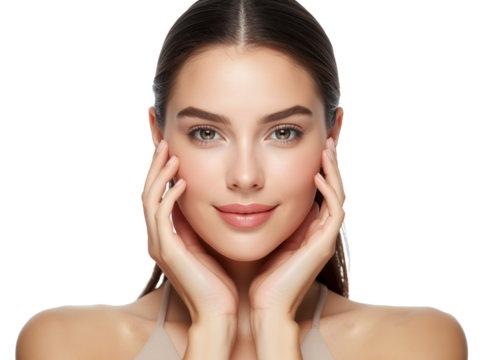 Serene woman gracefully touching her face against a transparent setting for skincare promotion