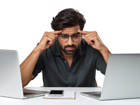 Isolated concentrated entrepreneur with pensive expression amidst dual laptop display on