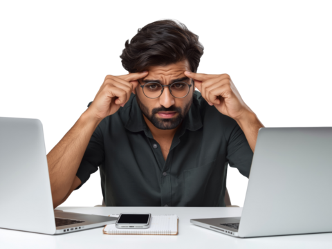 Isolated concentrated entrepreneur with pensive expression amidst dual laptop display on