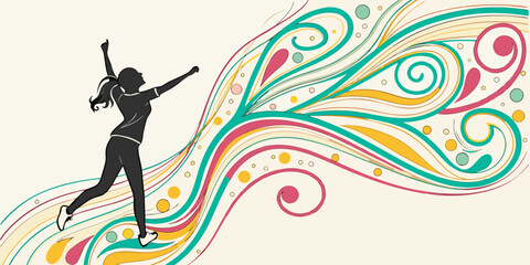 Silhouette of a woman with arms raised and colorful swirls