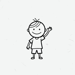 Simple black and white line drawing of a boy waving.