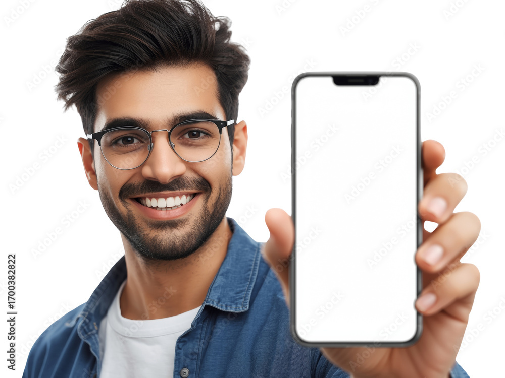 Poster confident young man displaying a smartphone with a blank screen isolated on a transparent background