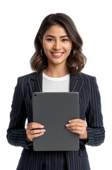 Naklejka premium Confident businesswoman holding a tablet, isolated on transparent backdrop, symbolizing