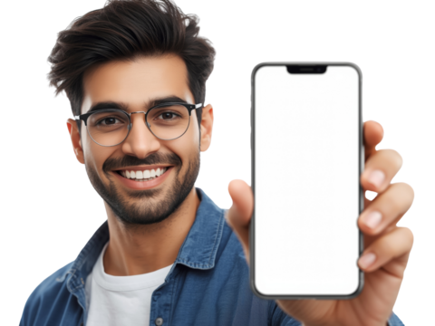 Confident young man displaying a smartphone with a blank screen isolated on a transparent background
