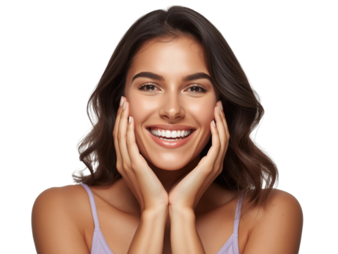 Radiant beauty showcasing a genuine smile with hands gently framing the face on transparent backdrop