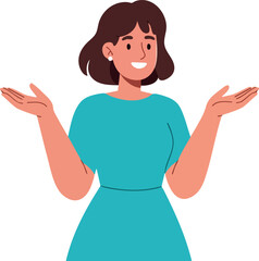 Woman shrugging shoulders in blue dress with short brown hair and earrings expressive gesture vector illustration
