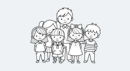 A black and white illustration of a group of children and an adult.