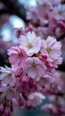 Obraz premium Delicate pink cherry blossoms glisten with fresh raindrops, celebrating spring's gentle beauty and renewal